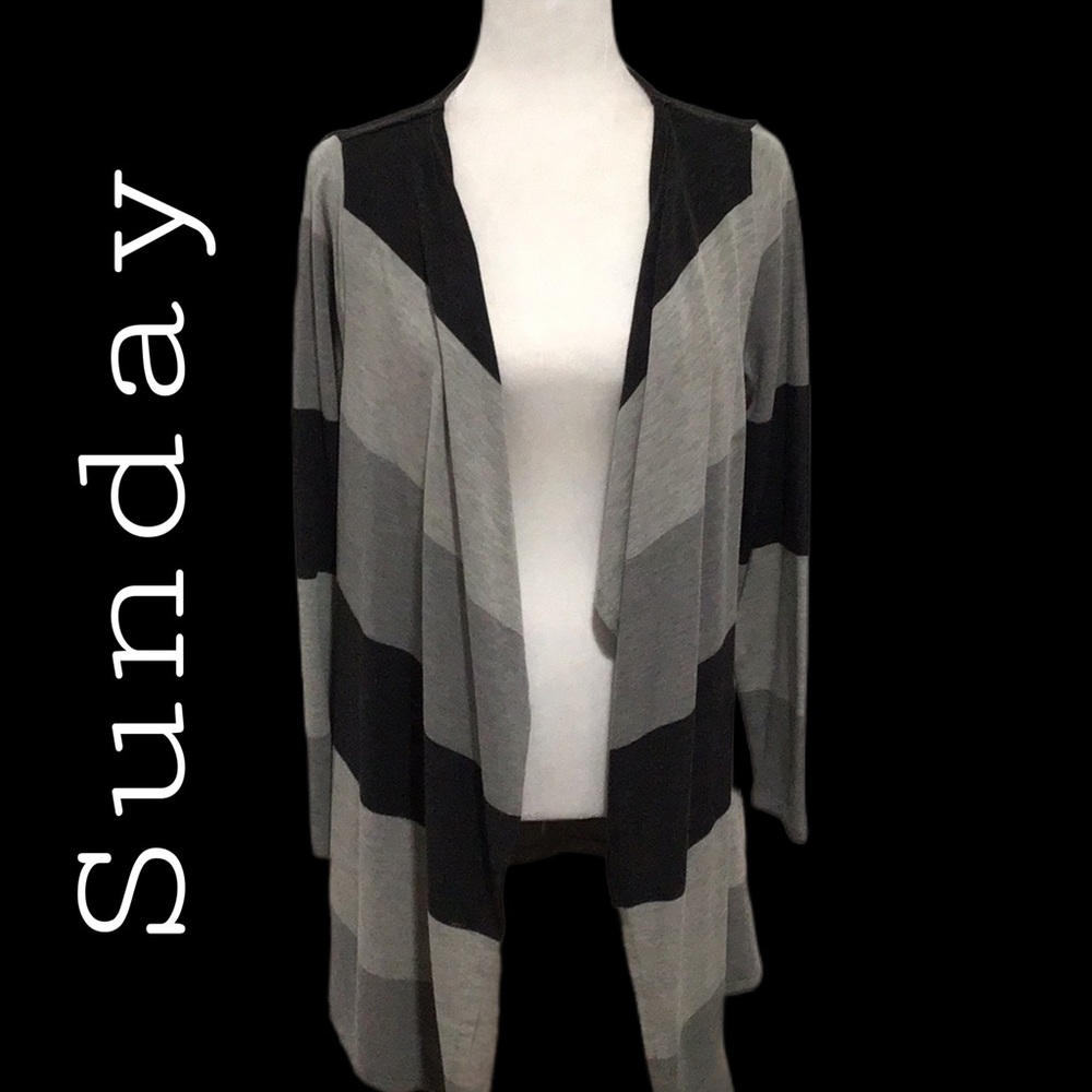 Sunday Gray Waterfall Front Cardigan, Striped, Asymmetrical Hem, Size‎ Medium